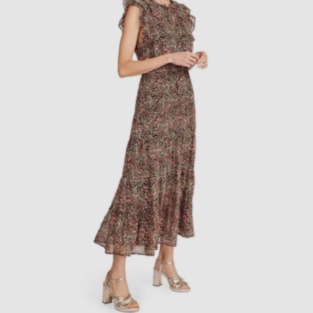 BB Dakota Steve Madden Midi Dress M Black Ditsy Floral Ruffle Tiered Sleeveless